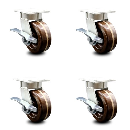 Service Caster 5 Inch Kingpinless High Temp Phenolic Wheel Swivel Caster Set with Brakes SCC SCC-KP30S520-PHRHT-SLB-4